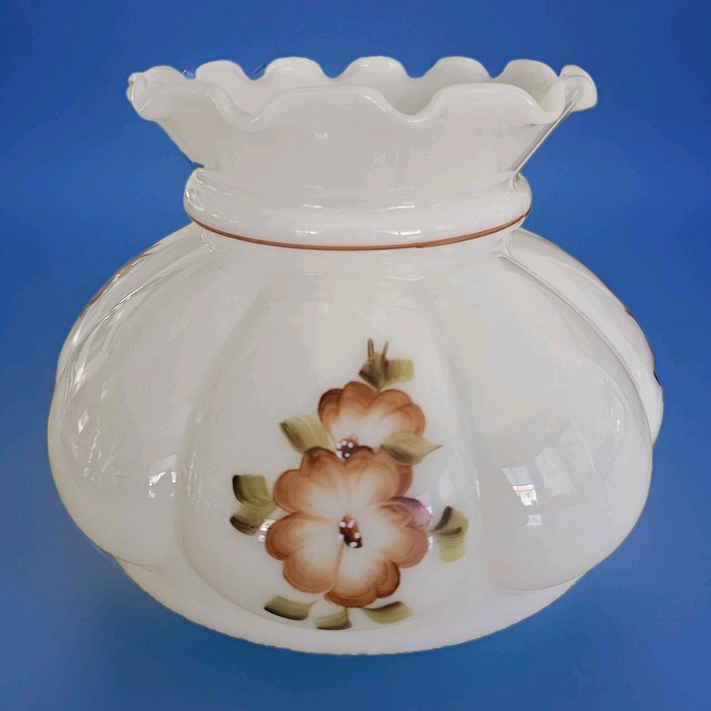 Vintage Milk Glass Hurricane Lampshade 7" Hand Painted Floral Ruffle Top Edge